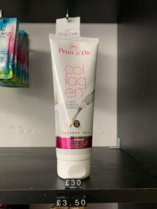 Collagen from Peau D'Or, specifically designed for use in combination with a tanning bed to hydrate the skin and to accelerate the tanning process.